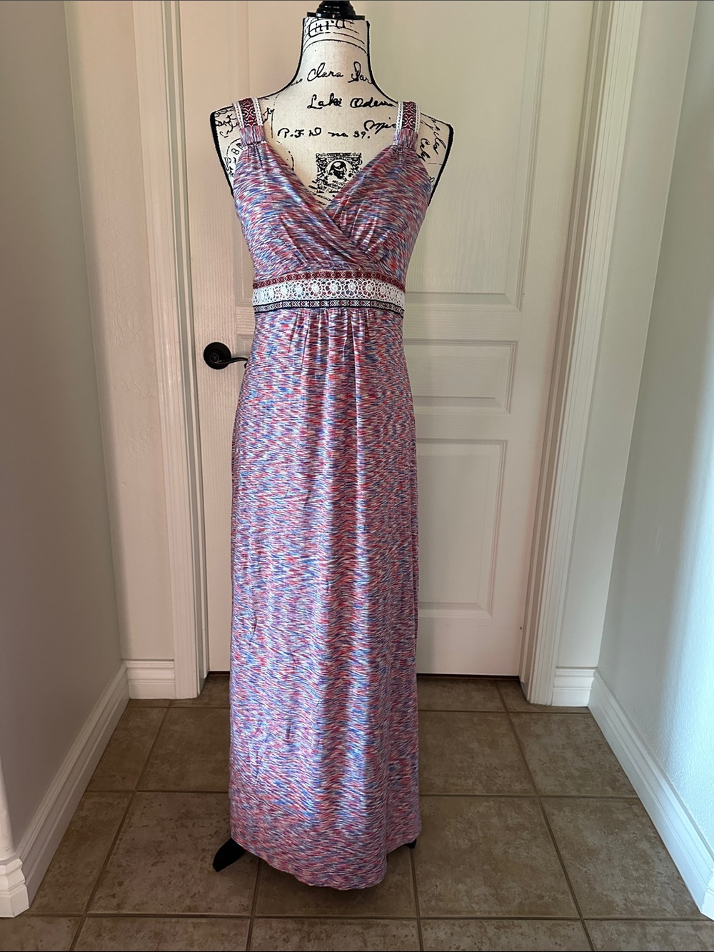 Spense Pink and Blue V-Neck Lace-Waist Maxi Dress